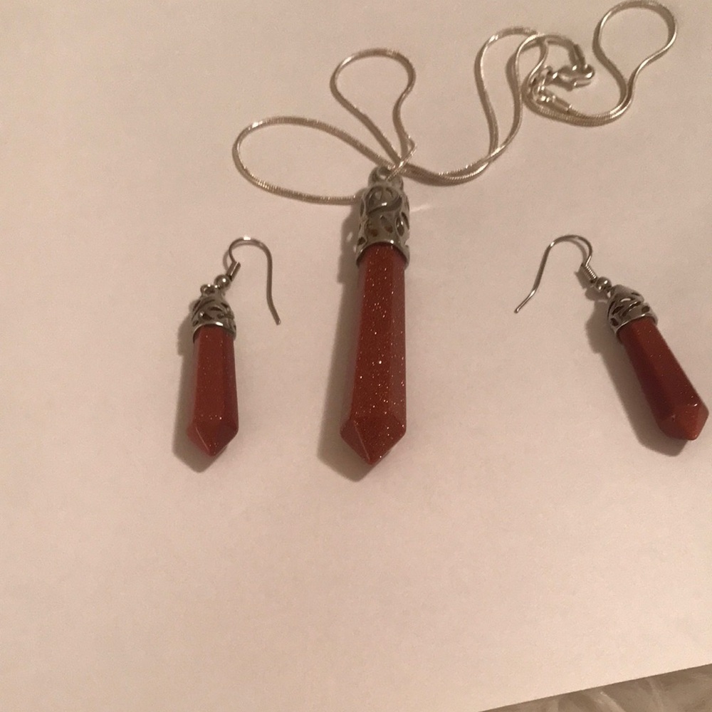 Goldstone Point Pendant Necklace and Earring Set - Sparkling Brown Gemstone